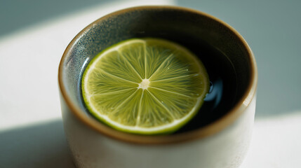 sake. Thin slice of sudachi lime on the rim of a ceramic cup filled with clear sake. bar promotions, beverage menus, designed for food & beverage menus and cafe branding.