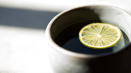 sake. Thin slice of sudachi lime on the rim of a ceramic cup filled with clear sake. bar promotions, beverage menus, designed for food & beverage menus and cafe branding.