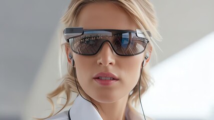 Close-up portrait of a young woman wearing futuristic smart glasses with a neutral expression in a bright, modern setting. - Powered by Adobe