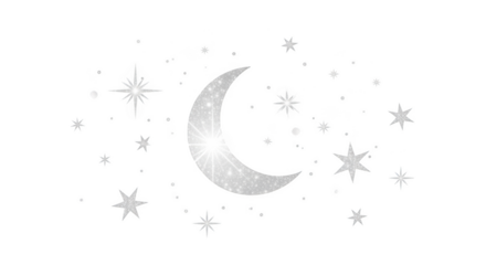 Crescent moon and scattered stars with a dark splat mark isolated on a transparent background night