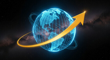 Glowing blue digital globe with an ascending golden arrow, orbits, and a space background, representing global progress, business growth, and success