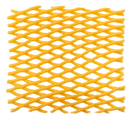 Yellow plastic packaging mesh on a white background. The mesh is insulated with a polymer material.