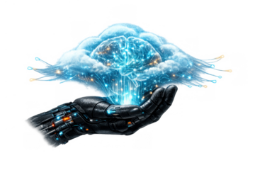Robotic hand holding a cloud brain connecting neural network with digital intelligence, ai and data processing