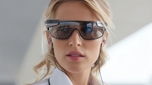 Close-up portrait of a young woman wearing futuristic smart glasses with a neutral expression in a bright, modern setting.