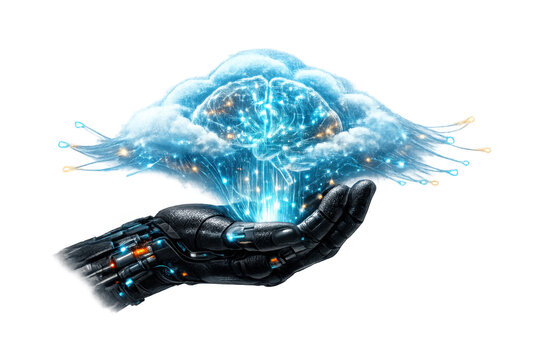 Robotic hand holding a cloud brain connecting neural network with digital intelligence, ai and data processing - Powered by Adobe