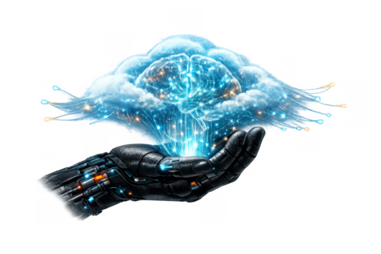 Robotic hand holding a cloud brain connecting neural network with digital intelligence, ai and data processing - Powered by Adobe