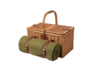 Traditional Wicker Picnic Hamper with Rolled Green Outdoor Blanket and Leather Straps for Travel