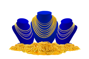 Gold necklace sits on a display stand, while a blue necklace is placed on a pile of gold necklaces.