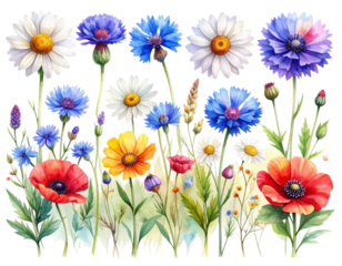 Watercolor wildflowers collection isolated on transparent background isolated on transparent background