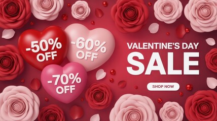 Valentine's Day sale banner with red and pink roses, hearts with discounts of 50%, 60%, and 70% off