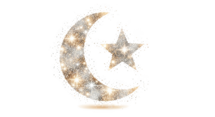 Crescent moon and star with sparkling glitter and light effects isolated on a transparent background