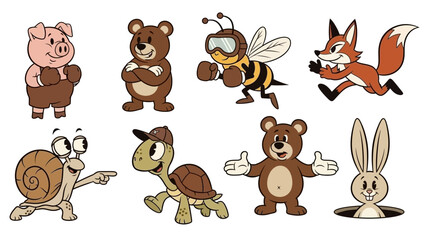 Collection of Cute Retro Cartoon Animal Characters on White Background © Kael