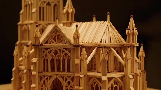 Intricately Carved Wooden Model of a Gothic Cathedral With Detailed Architecture.