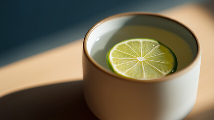 sake. Thin slice of sudachi lime on the rim of a ceramic cup filled with clear sake. bar promotions, beverage menus, designed for food & beverage menus and cafe branding.