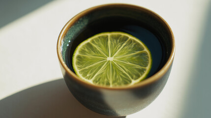 sake. Thin slice of sudachi lime on the rim of a ceramic cup filled with clear sake. bar promotions, beverage menus, designed for food & beverage menus and cafe branding.