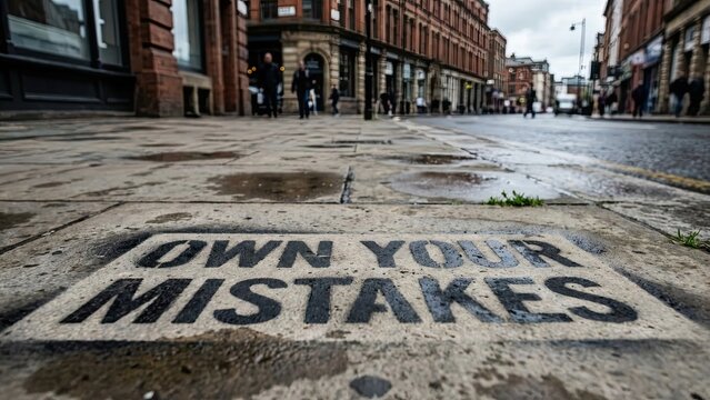 Bold street art message 'OWN YOUR MISTAKES' stenciled on a wet urban sidewalk, inspiring personal growth.