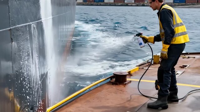 Medium shot of a technician applying saltwater corrosion inhibitor spray onto a ships hull to prevent rust damage in marine environments.