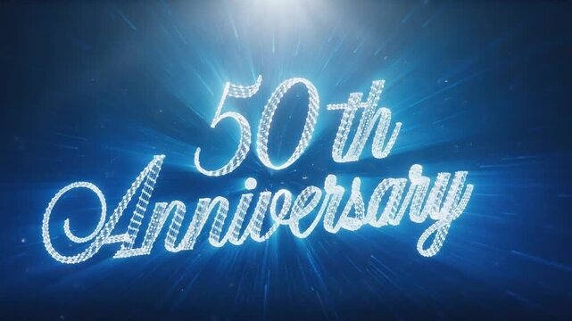 A glowing 50th Anniversary text with sparkling particles and radiant blue light