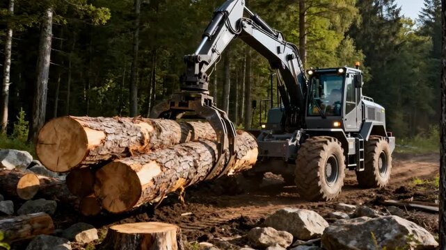 Medium shot of a skidder dragging large logs through rough woodland ground showcasing powerful machinery in action.