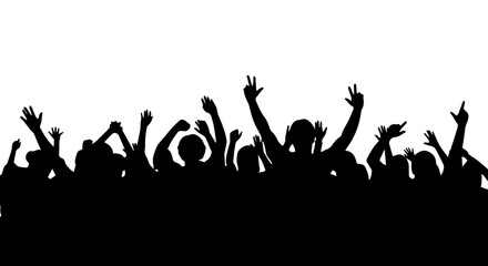 Energetic crowd silhouettes with raised hands, celebrating or cheering at an event, concert, or party. Isolated on white background.