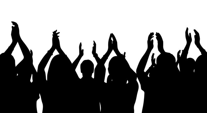 Silhouettes of a cheering crowd with hands raised and clapping, celebrating an event or performance.