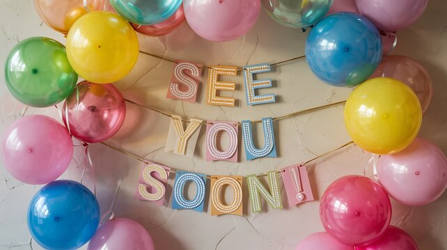 See you soon banner balloons joyful farewell party decor photo