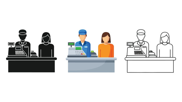 Cashier and customer at checkout counter, set in silhouette, color, and outline icon illustration for retail and service concepts