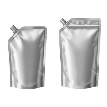 Silver stand-up pouches with spouts isolated on transparent background