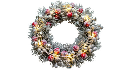 Frosted Christmas wreath with red berries silver baubles and fairy lights isolated on a transparent background