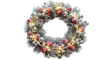 Frosted Christmas wreath with red berries silver baubles and fairy lights isolated on a transparent background