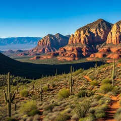 Sunny desert landscape features towering red rock formations and various cacti.