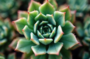 Close up on green succulent. Sharp pointed leaves of a plant. Details of a colorful petals arranged in concentric pattern. Indoor decorative plant with colorful leaf edges. Floral nature background.
