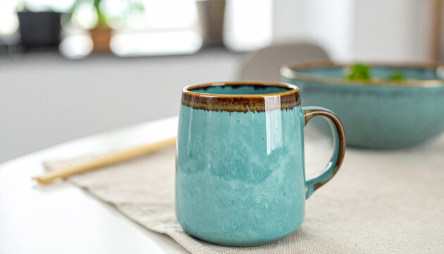 Beautiful turquoise ceramic mug with brown rim on a linen napkin, morning light, Morning vibes