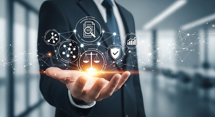 Business person holds abstract digital icons representing law and data.