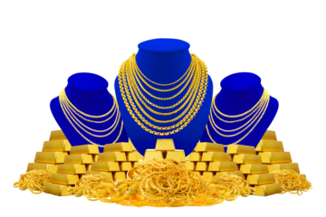 Gold necklace sits on a display stand, while a blue necklace is placed on a pile of gold necklaces anf golg bars.