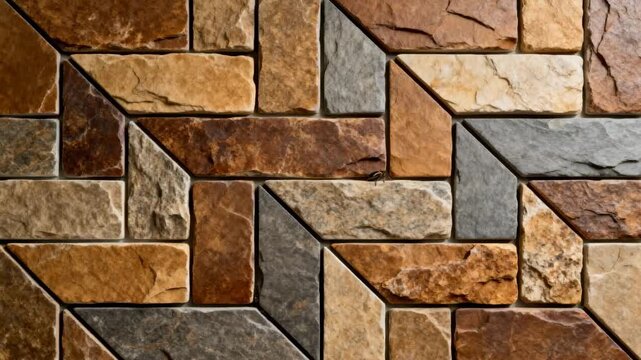 Medium shot of natural stone mosaic tiles arranged in geometric patterns emphasizing rustic textures and earthy tones for elegant interior decoration.