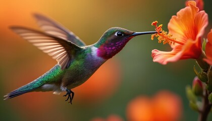 Fototapeta premium Hummingbird drinks nectar of orange flower. Macro photo shows details of avian with open wings and vibrant plumage. Bird flies in natural tropical environment near flora.