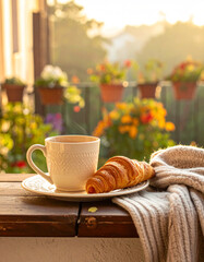 Cozy morning coffee and croissant on a balcony with blooming flowers and warm sunlight, Morning vibes