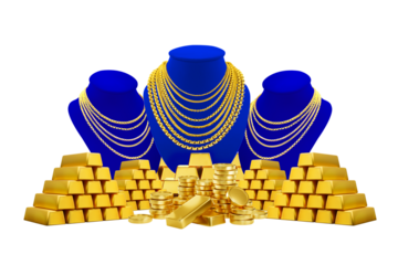 Gold necklace sits on a display stand, while a blue necklace is placed with gold bars.