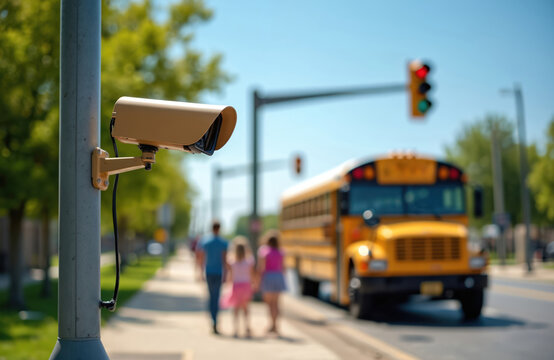 Security camera monitors children waiting at bus stop. Yellow school bus arrives on road. Adults and kids observe intersection traffic signals. Neighborhood safety concept.