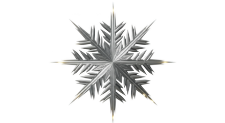 Intricate metallic snowflake with sharp pointed ice crystals and bright highlights isolated on a transparent background