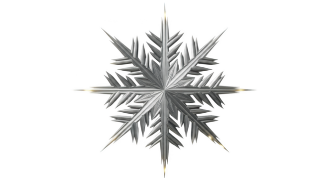 Intricate metallic snowflake with sharp pointed ice crystals and bright highlights isolated on a transparent background - Powered by Adobe