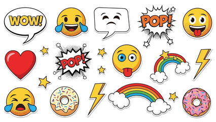 Bright and Colorful Comic Style Stickers with Emojis, Heart, Rainbows, and Doughnuts