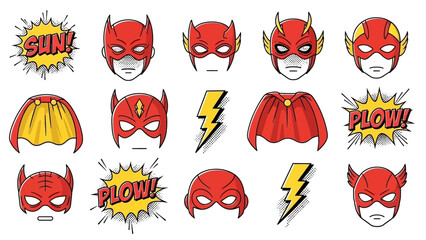 Superhero Icons Set: Masks, Capes, and Comic Book Sound Effects