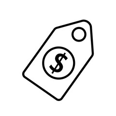 Black line art icon of a price tag with dollar sign