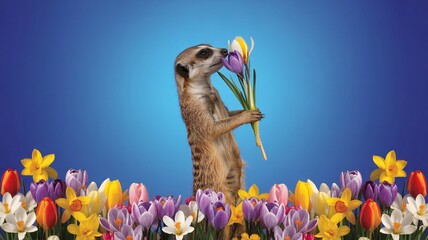 A cute meerkat standing on its hind legs smelling colorful flowers on a blue background with vibrant tulips