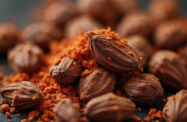 Obraz premium Macro photo of fragrant cloves and spice. Brown aromatic food ingredient for cooking. Culinary spice with intense scent. Top view of dry cloves and ground powder.