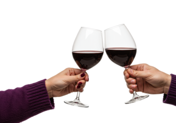 Mid-tone hands (feminine, burgundy nails & cashmere; masculine, wedding band) clinking crystal wine glasses with ruby wine on crisp white studio background with copy space, intimate luxury and