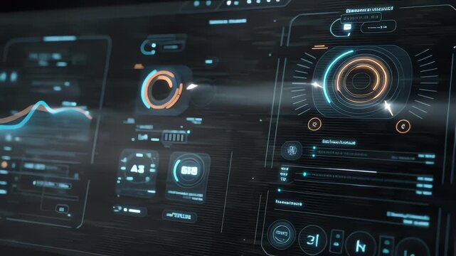 Close-up of a futuristic digital interface with glowing blue and orange graphics and charts on a dark background with a shallow depth of field.