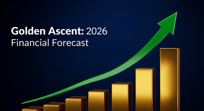 Graphical representation of financial growth with an upward green arrow and golden bars, representing a positive economic trend or investment success - Powered by Adobe